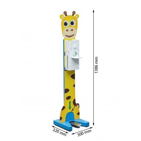 Stacja do dezynfekcji rąk dla dzieci - kolorowy nożny dozownik płynu dezynfekcyjnego wraz ze stojakiem ze wzorem Żyrafa