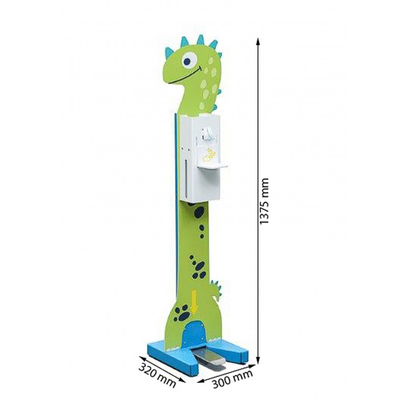 Stacja do dezynfekcji rąk dla dzieci - kolorowy nożny dozownik płynu dezynfekcyjnego wraz ze stojakiem ze wzorem Dinozaur