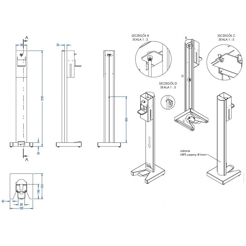 Stacja do dezynfekcji rąk - nożny dozownik płynu dezynfekcyjnego wraz ze stojakiem i podstawką zapobiegającą kapaniu